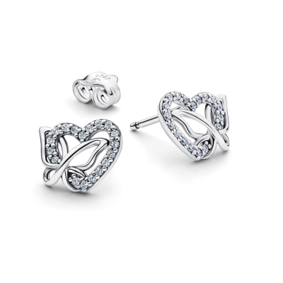 Bông Tai Nụ Bạc LITI SILVER Trái Tim & Cánh Bướm Gắn Kết